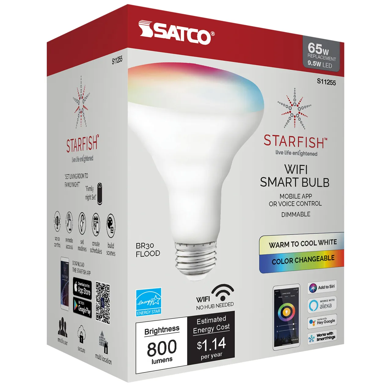 Satco S11255 Wi-Fi 9.5W LED BR30 RGB and Tunable White Reflector Lamp