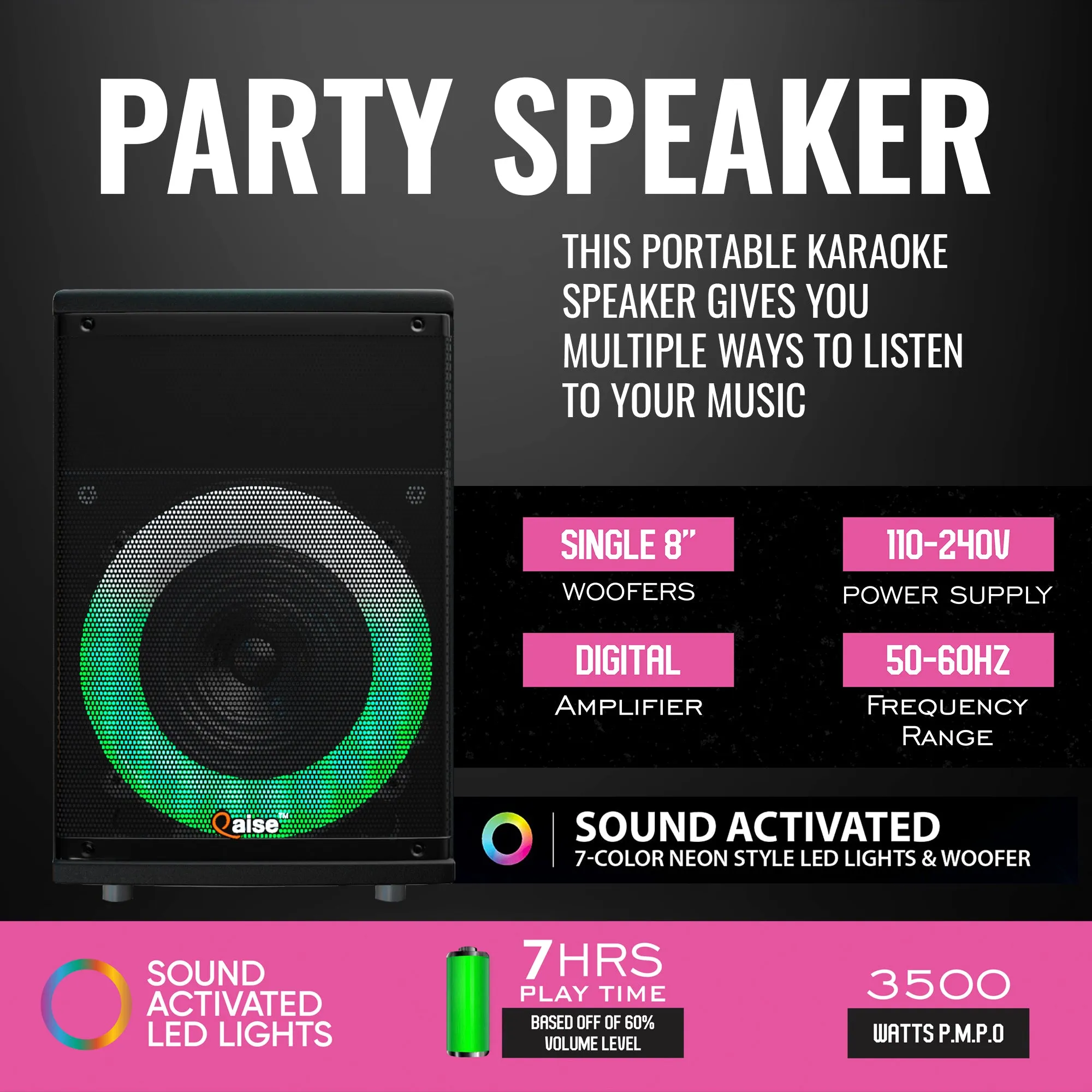 SB-801 - Wireless PA Speaker with Built-in 8” Subwoofer hitting up to 3500 Watts peak power. HD Sound System for indoor/Outdoor Parties.