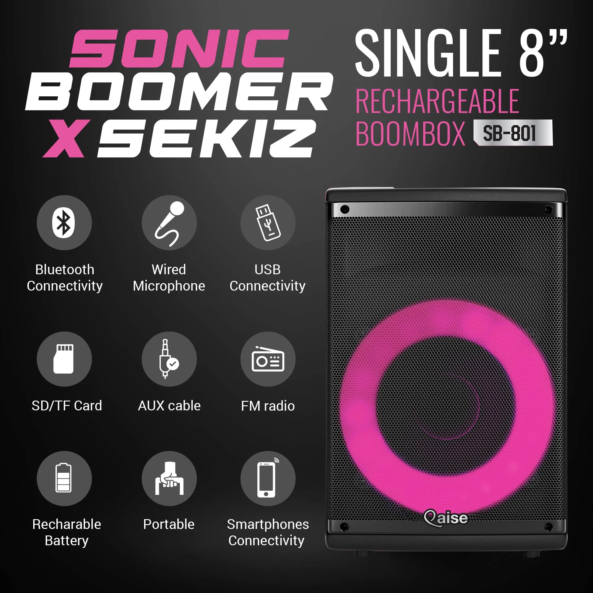 SB-801 - Wireless PA Speaker with Built-in 8” Subwoofer hitting up to 3500 Watts peak power. HD Sound System for indoor/Outdoor Parties.