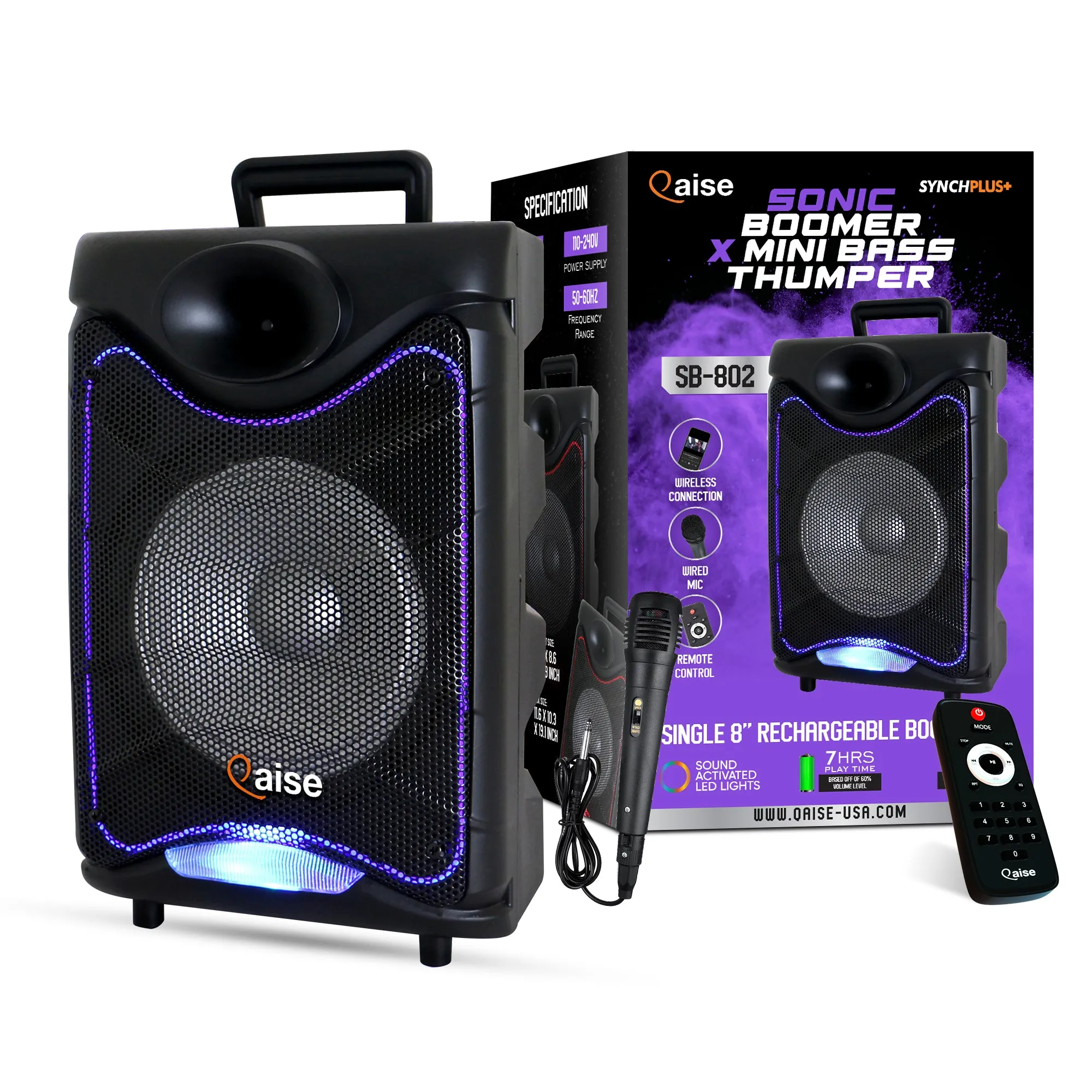 SB-802 - Wireless PA Speaker with Built-in 8” Subwoofer hitting up to 3500 Watts peak power. Portable Party Boombox