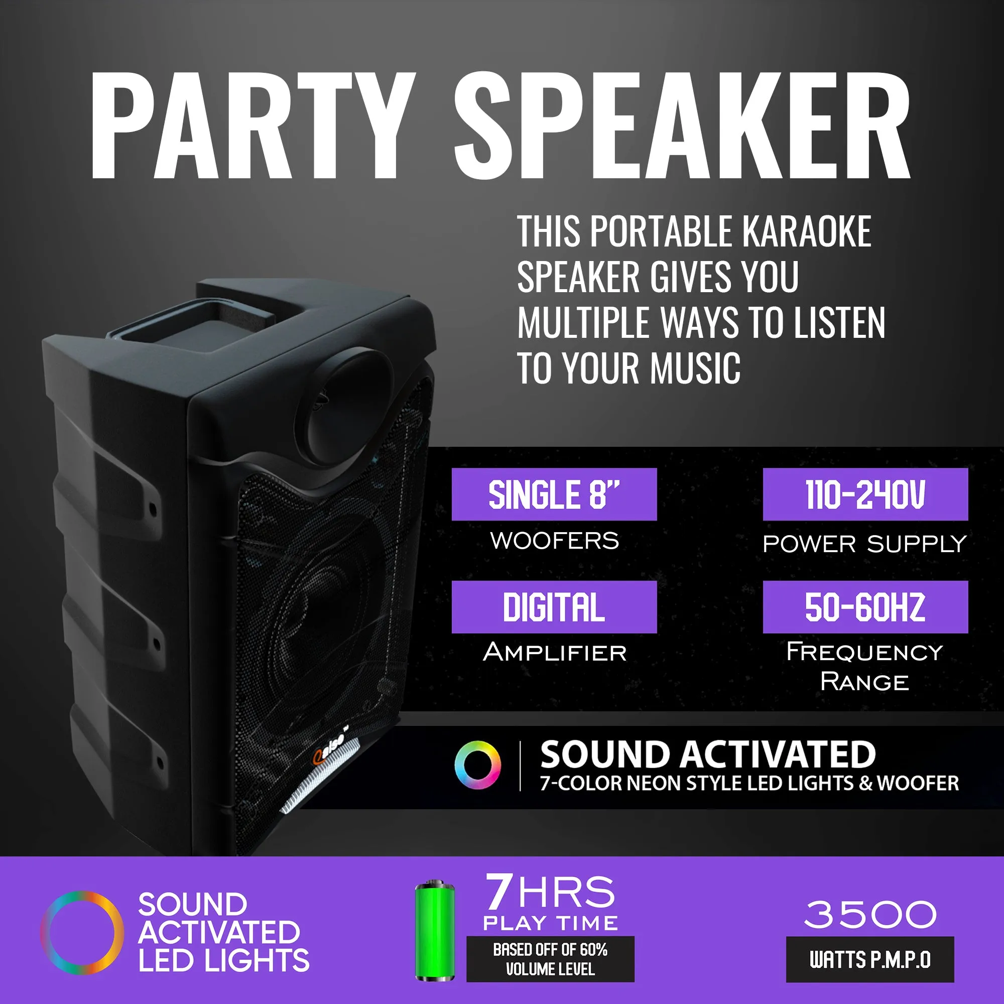 SB-802 - Wireless PA Speaker with Built-in 8” Subwoofer hitting up to 3500 Watts peak power. Portable Party Boombox