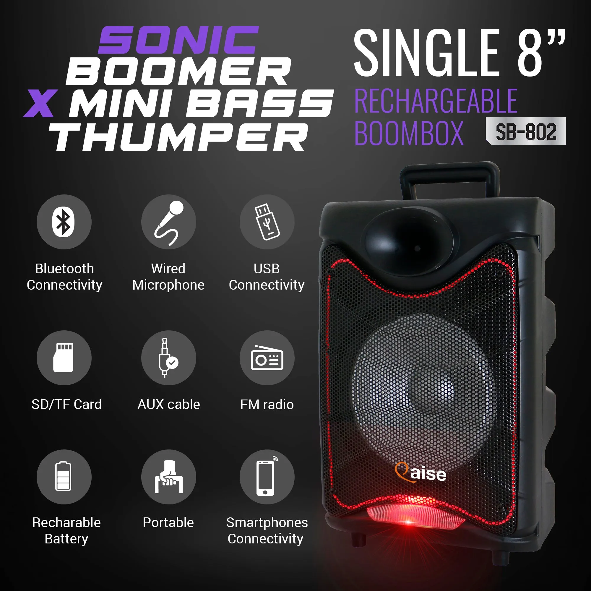 SB-802 - Wireless PA Speaker with Built-in 8” Subwoofer hitting up to 3500 Watts peak power. Portable Party Boombox