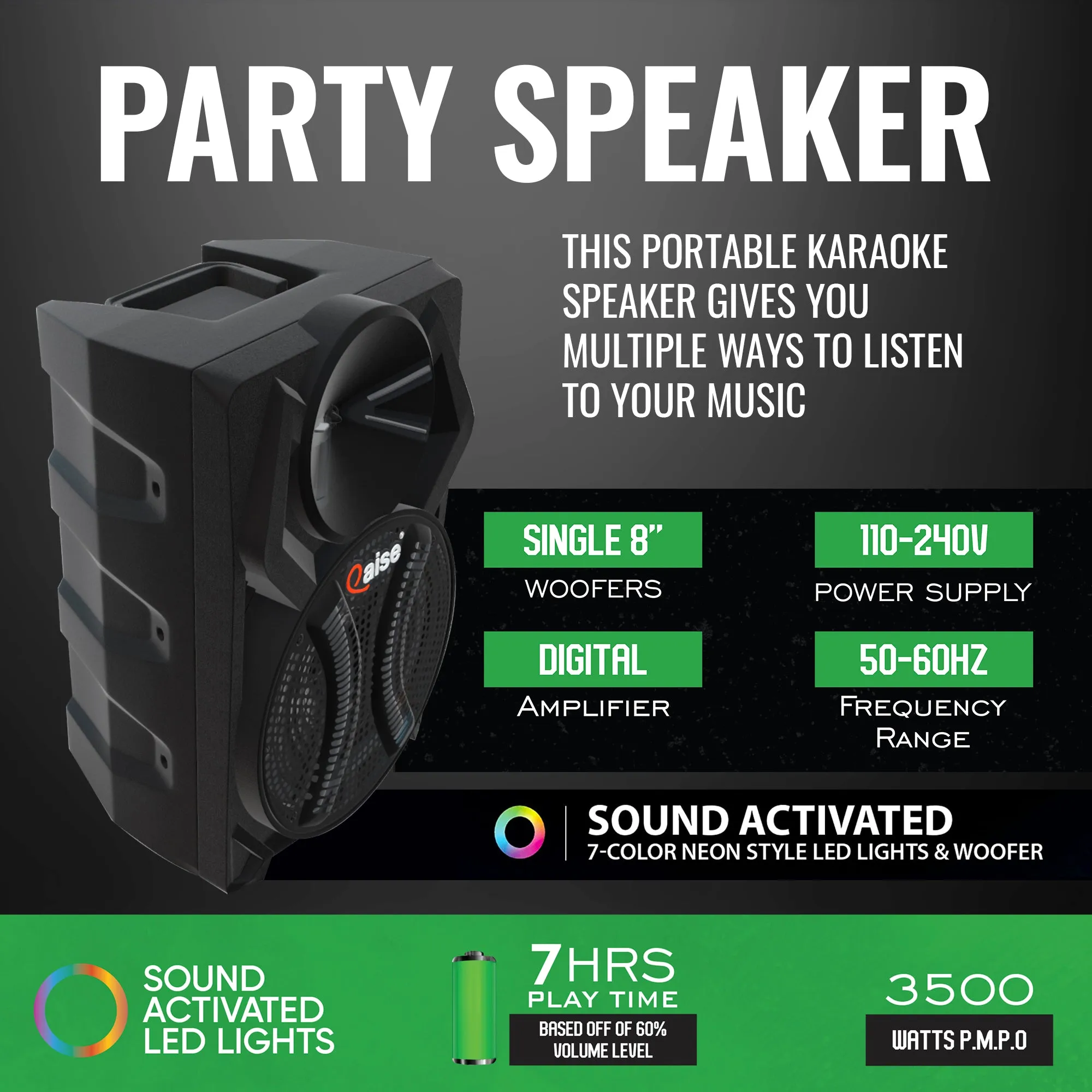 SB-803 - Wireless PA Speaker with Built-in 8” Subwoofer hitting up to 3500 Watts peak power. HD Sound System for indoor/Outdoor Parties.