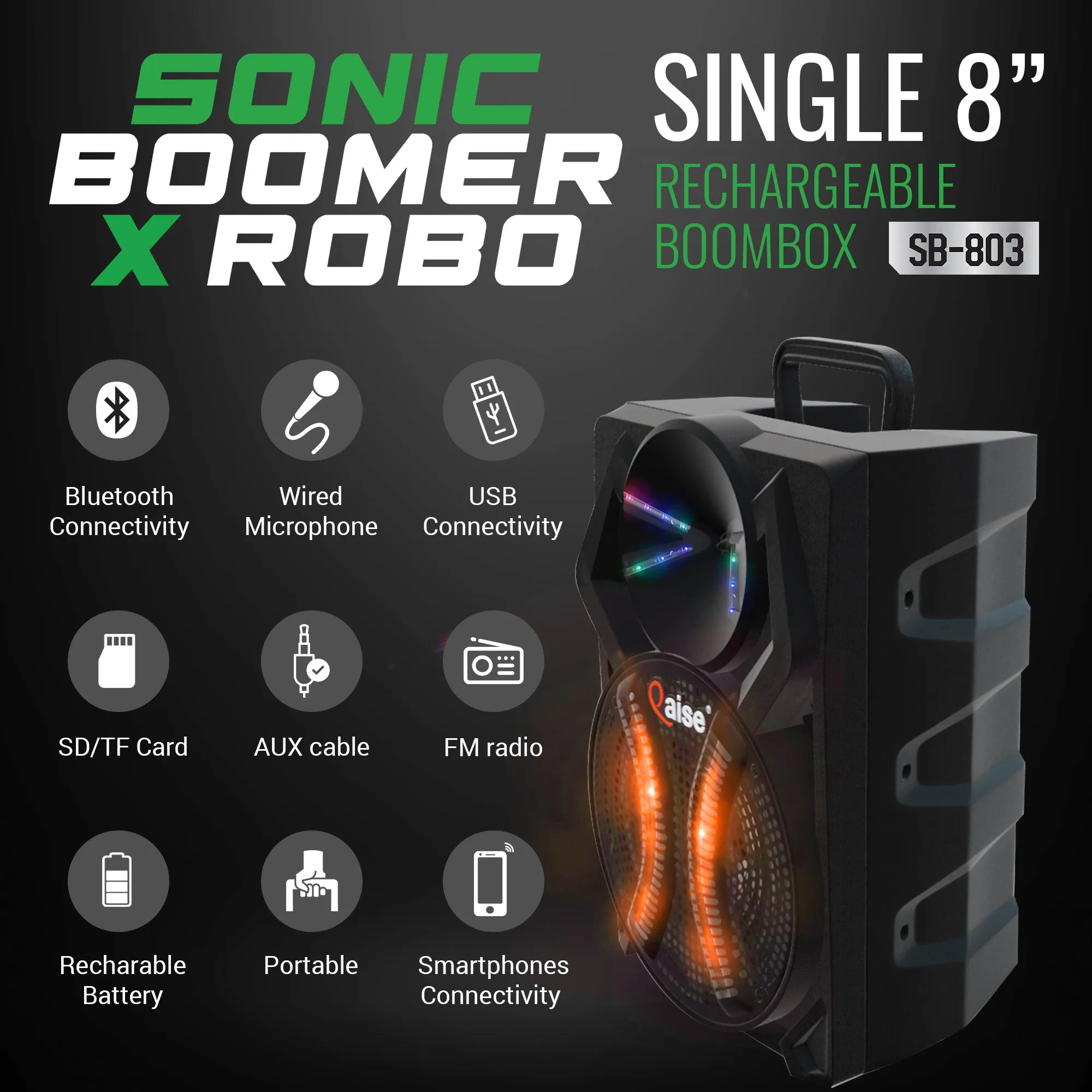 SB-803 - Wireless PA Speaker with Built-in 8” Subwoofer hitting up to 3500 Watts peak power. HD Sound System for indoor/Outdoor Parties.