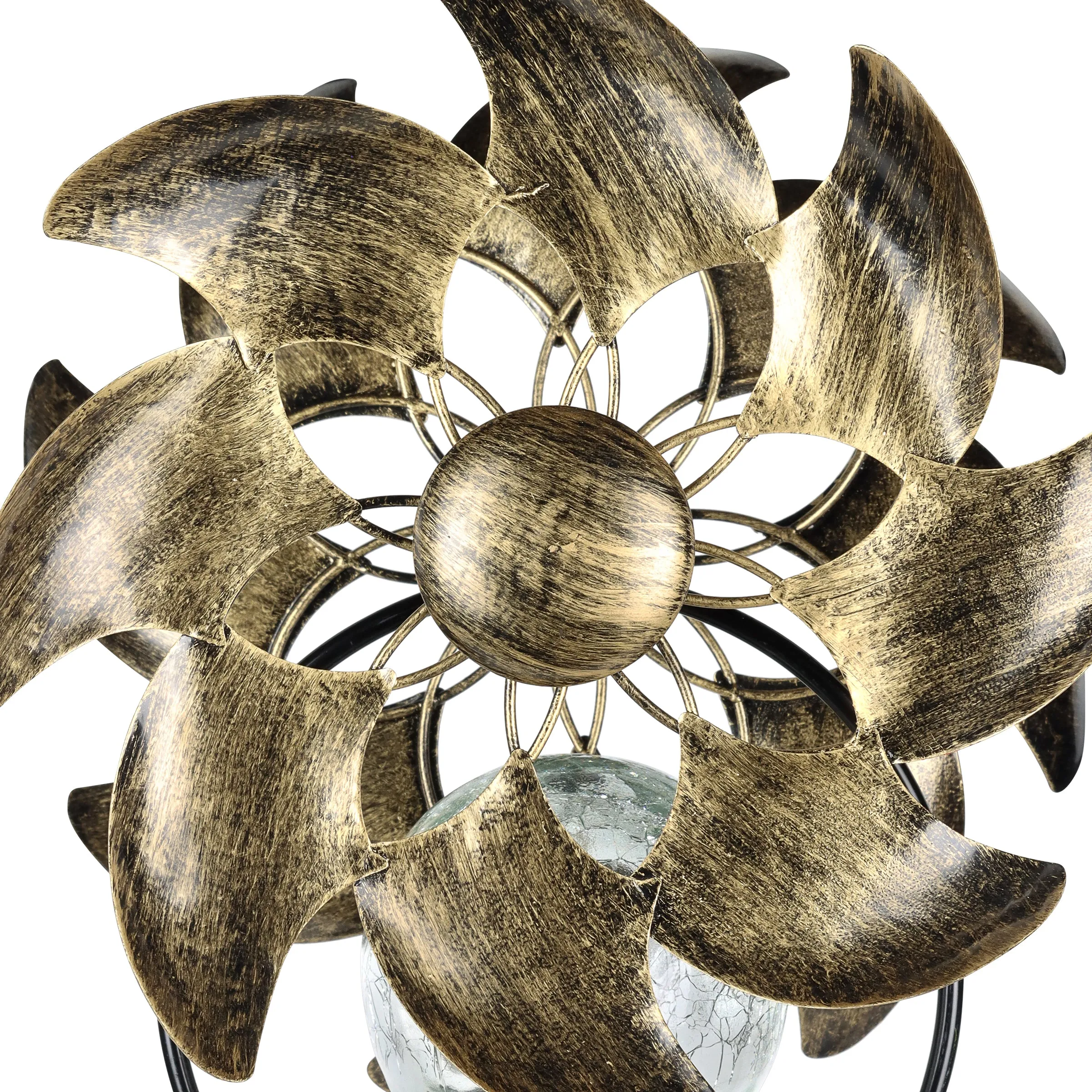 Solar Color Changing Double Windmill Wind Spinner Garden Stake in a Bronze Finish with Crackle Glass Details, 7 by 43 Inches