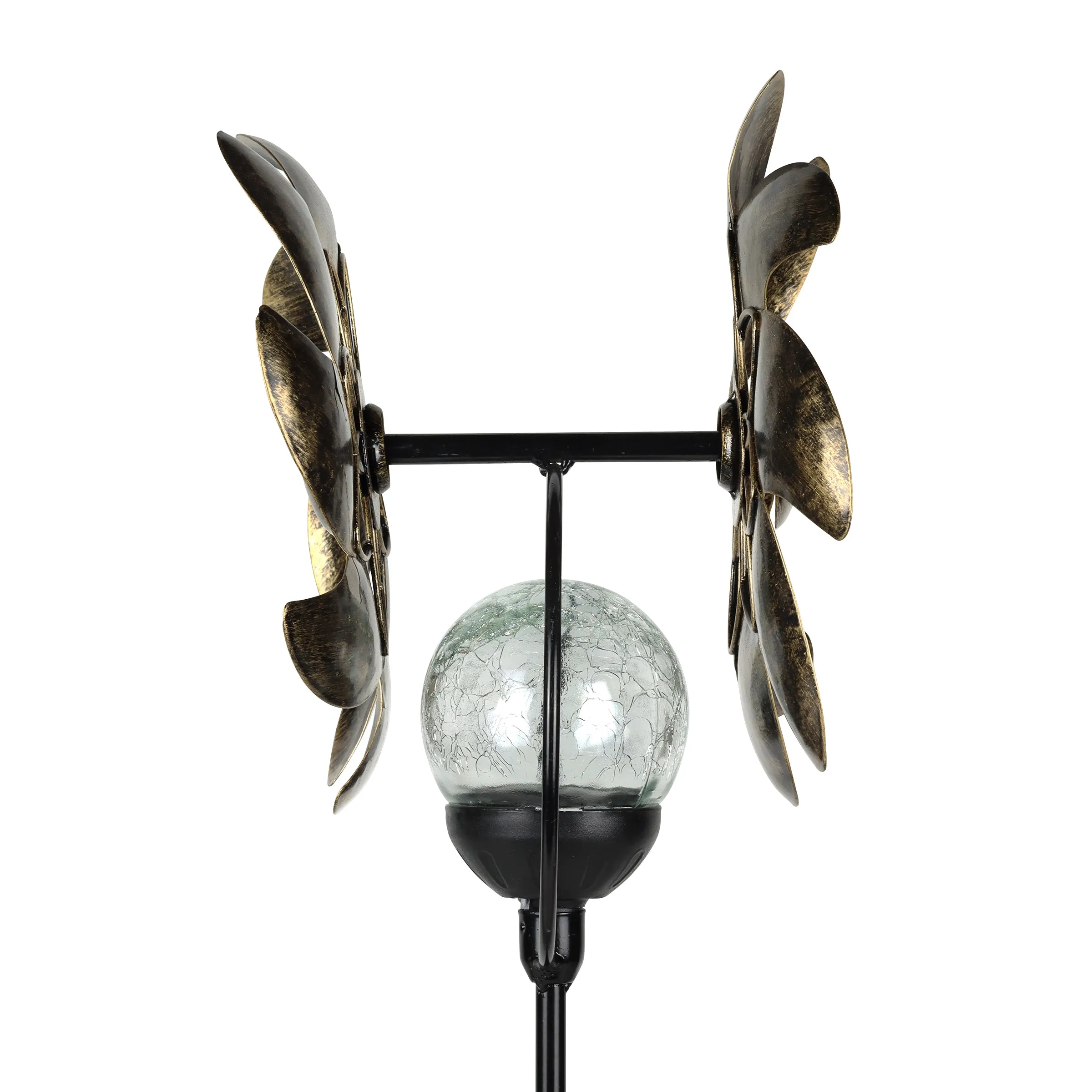 Solar Color Changing Double Windmill Wind Spinner Garden Stake in a Bronze Finish with Crackle Glass Details, 7 by 43 Inches