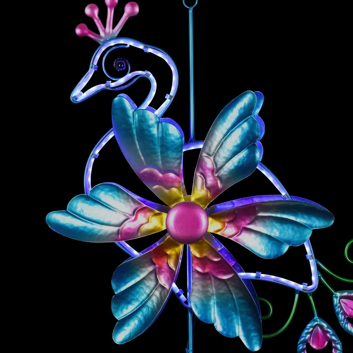 Solar Double Spinner Metal Peacock Wind Chime, 14 by 42 Inches
