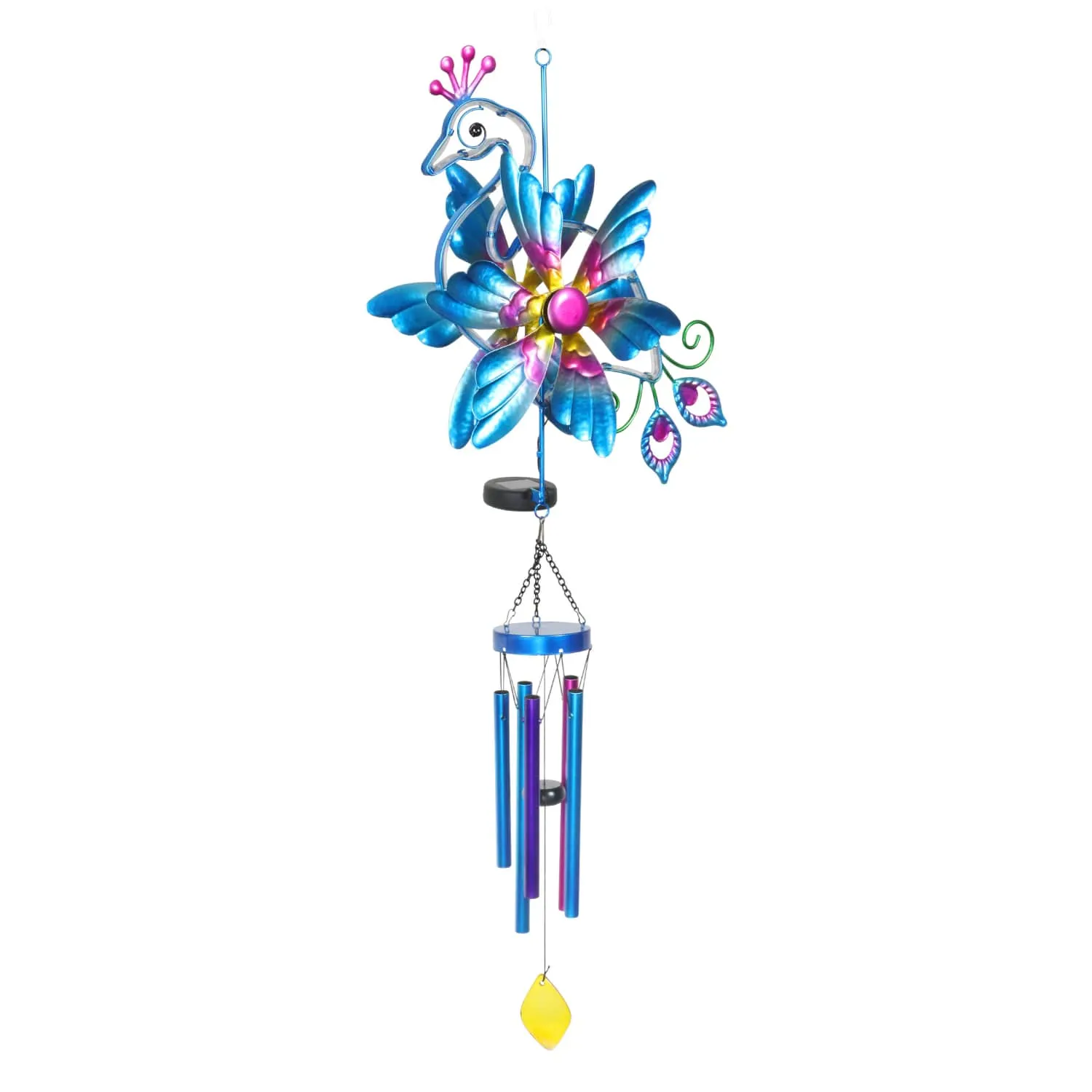 Solar Double Spinner Metal Peacock Wind Chime, 14 by 42 Inches