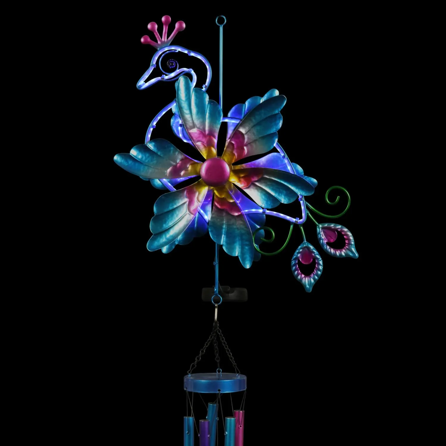 Solar Double Spinner Metal Peacock Wind Chime, 14 by 42 Inches