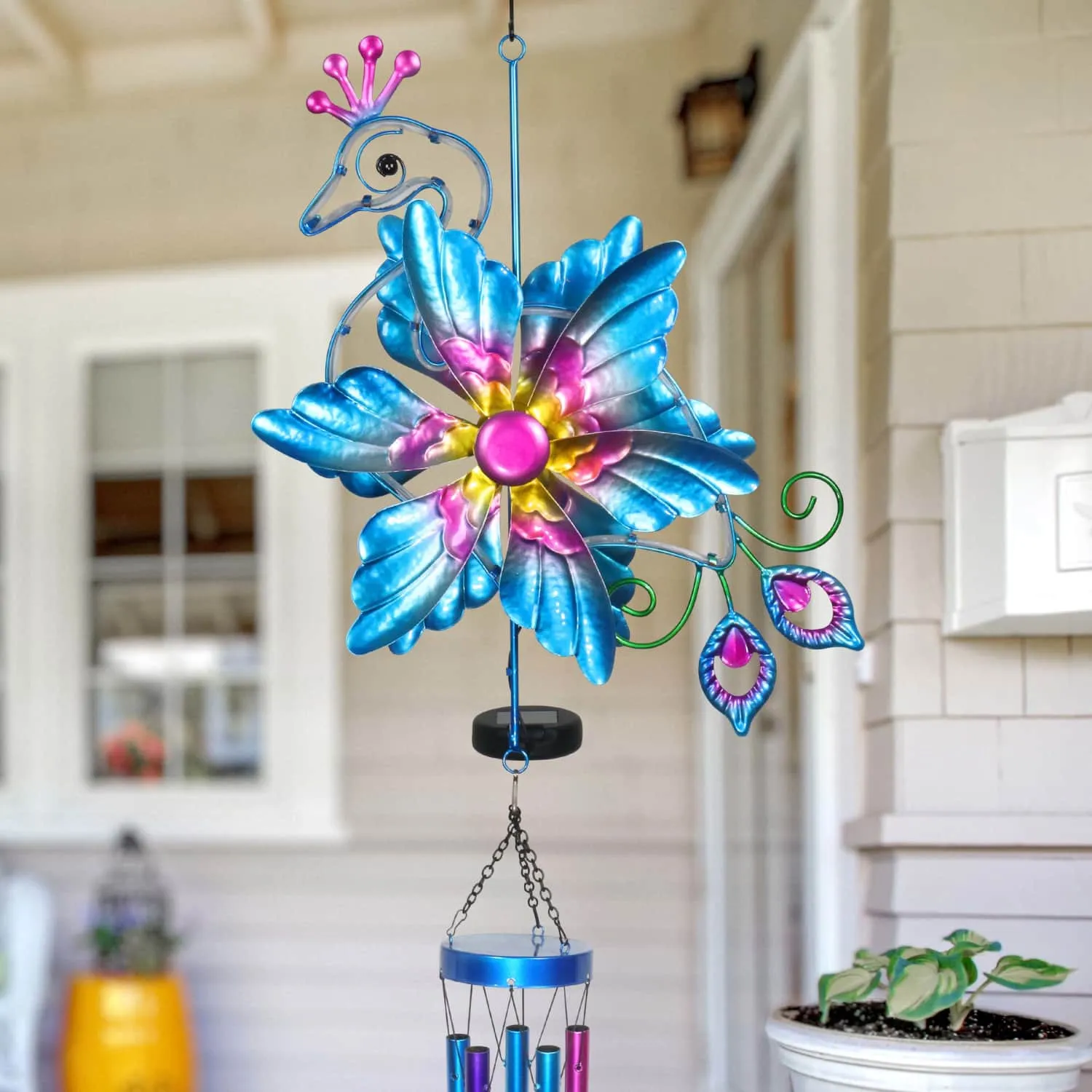 Solar Double Spinner Metal Peacock Wind Chime, 14 by 42 Inches