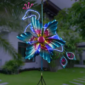 Solar Double Spinner Metal Peacock Wind Chime, 14 by 42 Inches