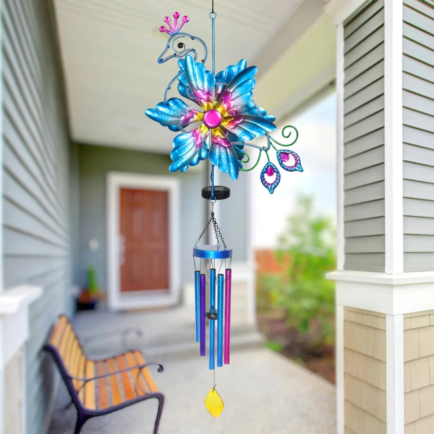 Solar Double Spinner Metal Peacock Wind Chime, 14 by 42 Inches