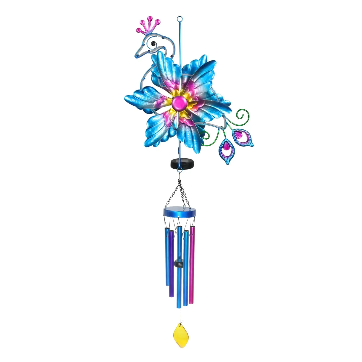 Solar Double Spinner Metal Peacock Wind Chime, 14 by 42 Inches