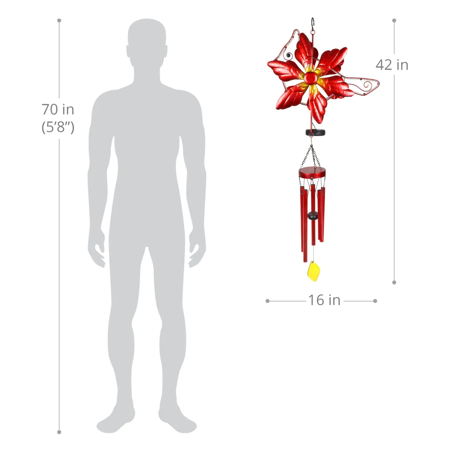 Solar Double Spinner Metal Red Cardinal Wind Chime, 16 by 42 Inches