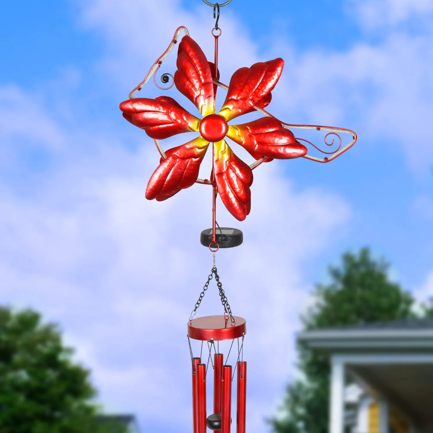 Solar Double Spinner Metal Red Cardinal Wind Chime, 16 by 42 Inches