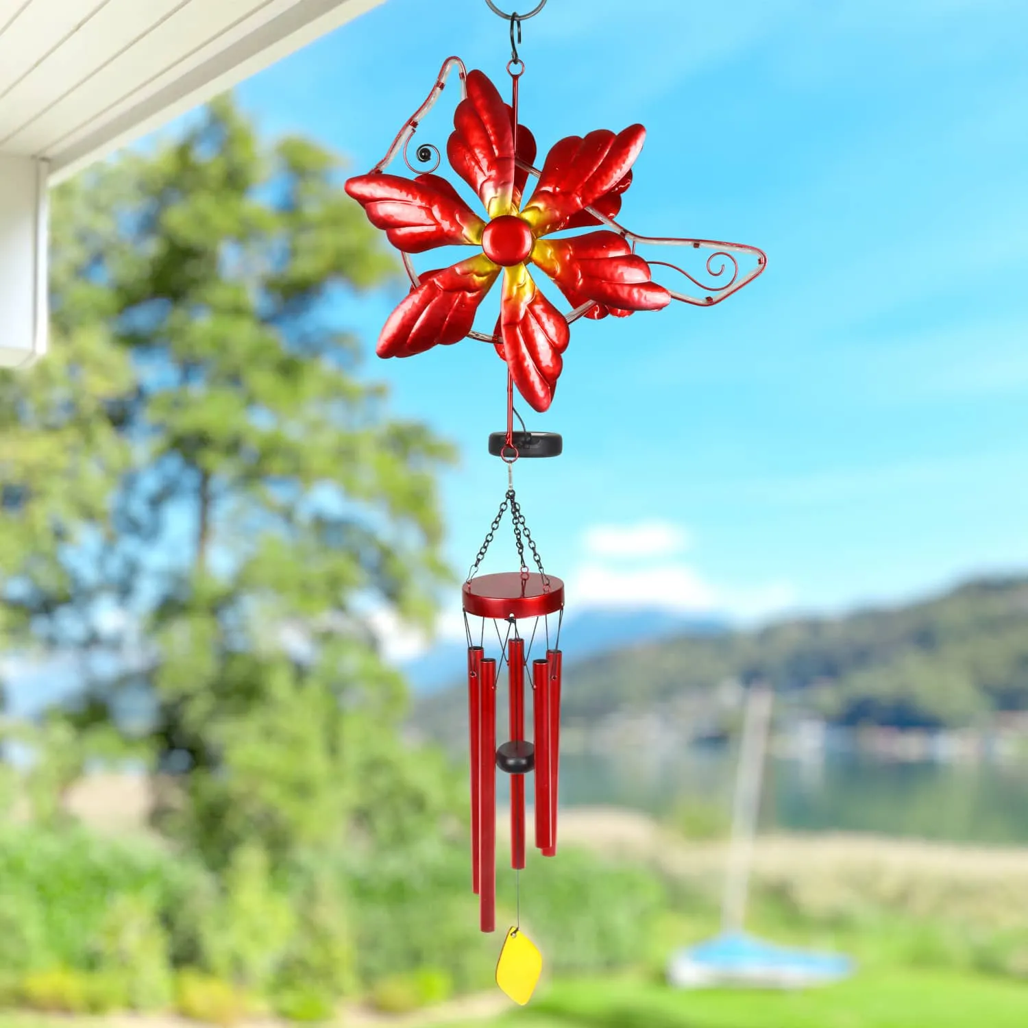 Solar Double Spinner Metal Red Cardinal Wind Chime, 16 by 42 Inches
