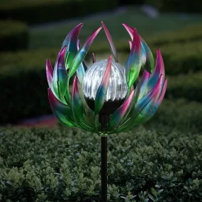 Solar Metal Blue Spinning Flower Stake with LED Ball, 19 by 42 Inches