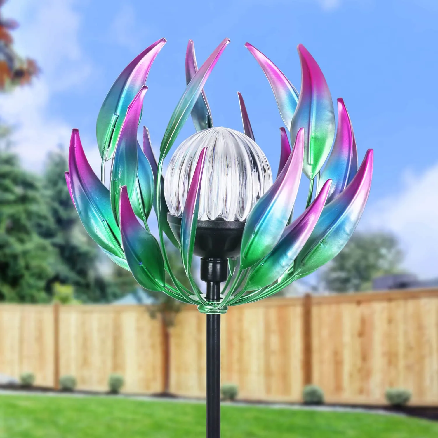 Solar Metal Blue Spinning Flower Stake with LED Ball, 19 by 42 Inches
