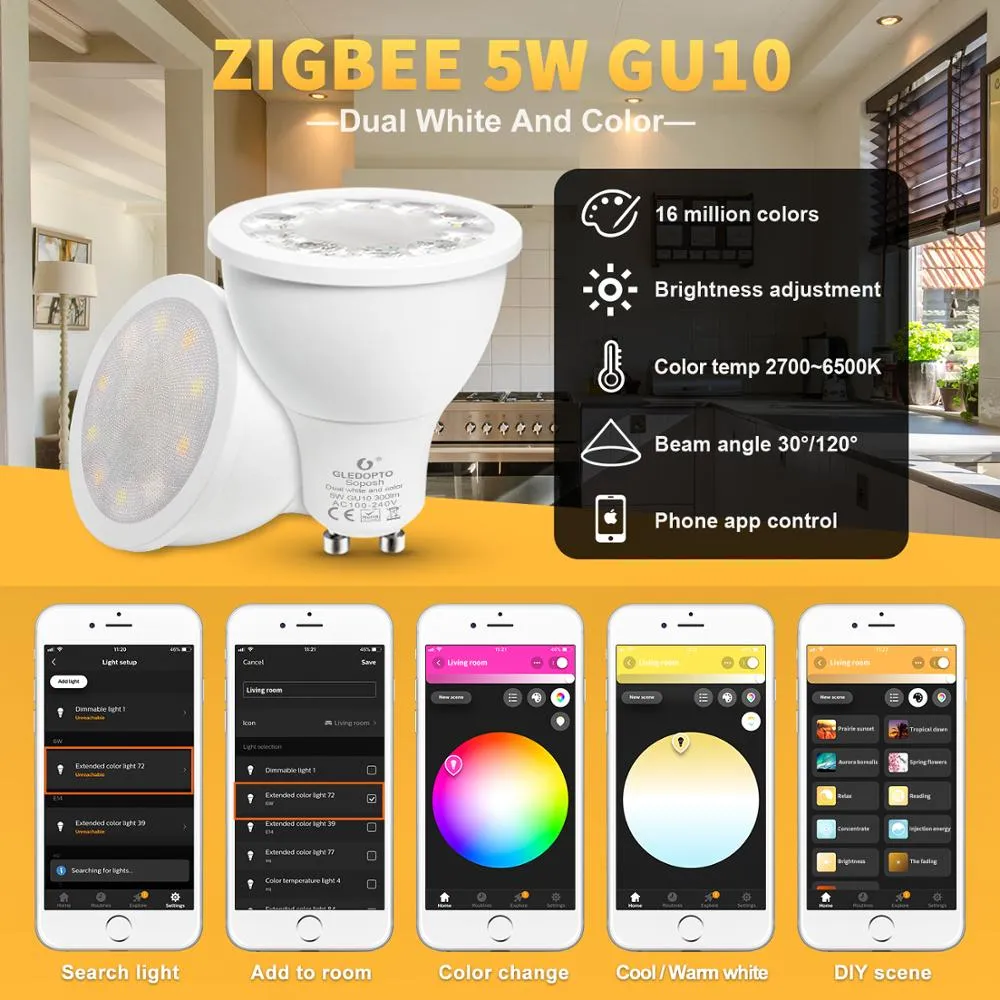 soposh dual white and color  LED  spotlight GU10  RGBW/CW  5W ZGBEE ZLL AC100-240V work with amazon echo plus LED BULB cct gu10