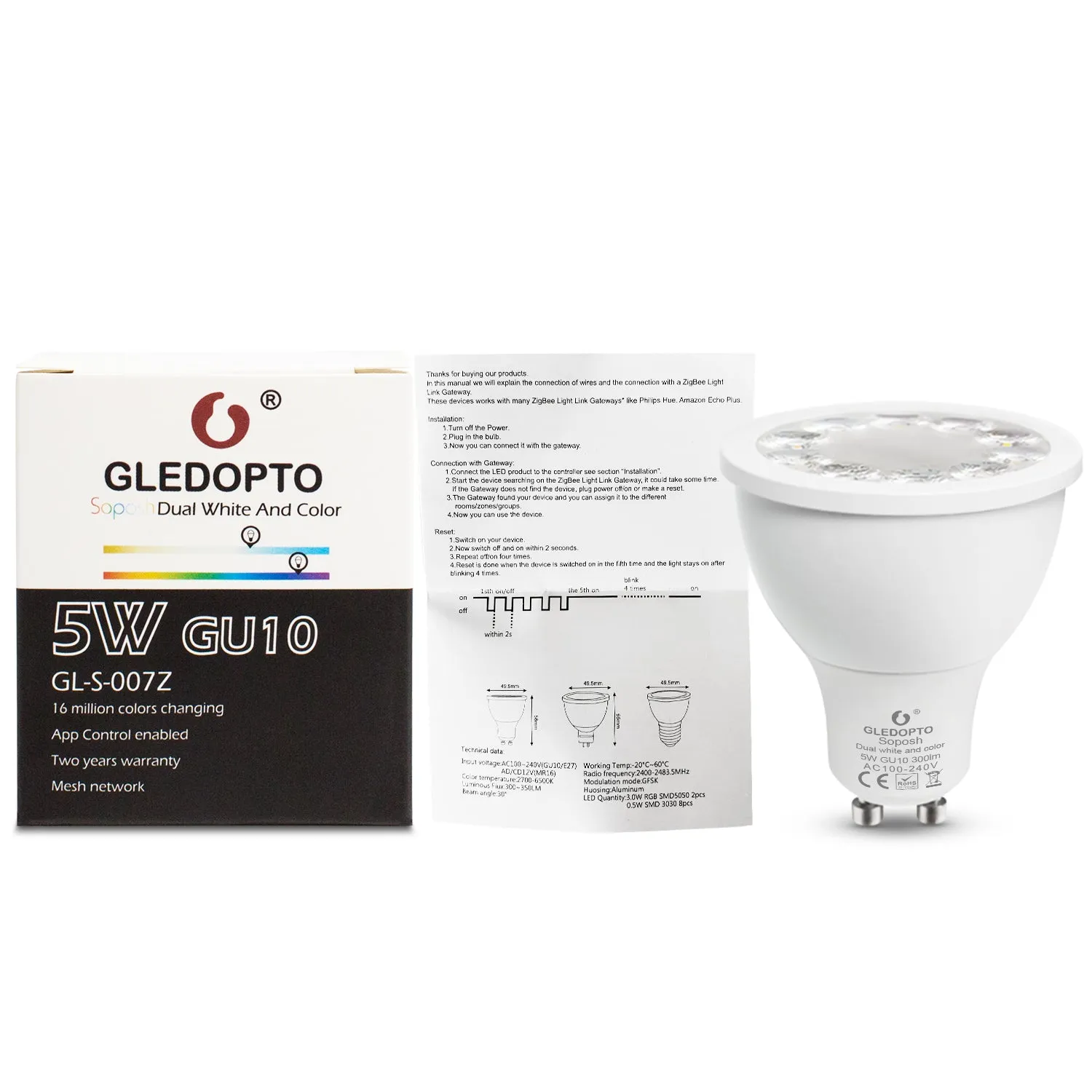 soposh dual white and color  LED  spotlight GU10  RGBW/CW  5W ZGBEE ZLL AC100-240V work with amazon echo plus LED BULB cct gu10