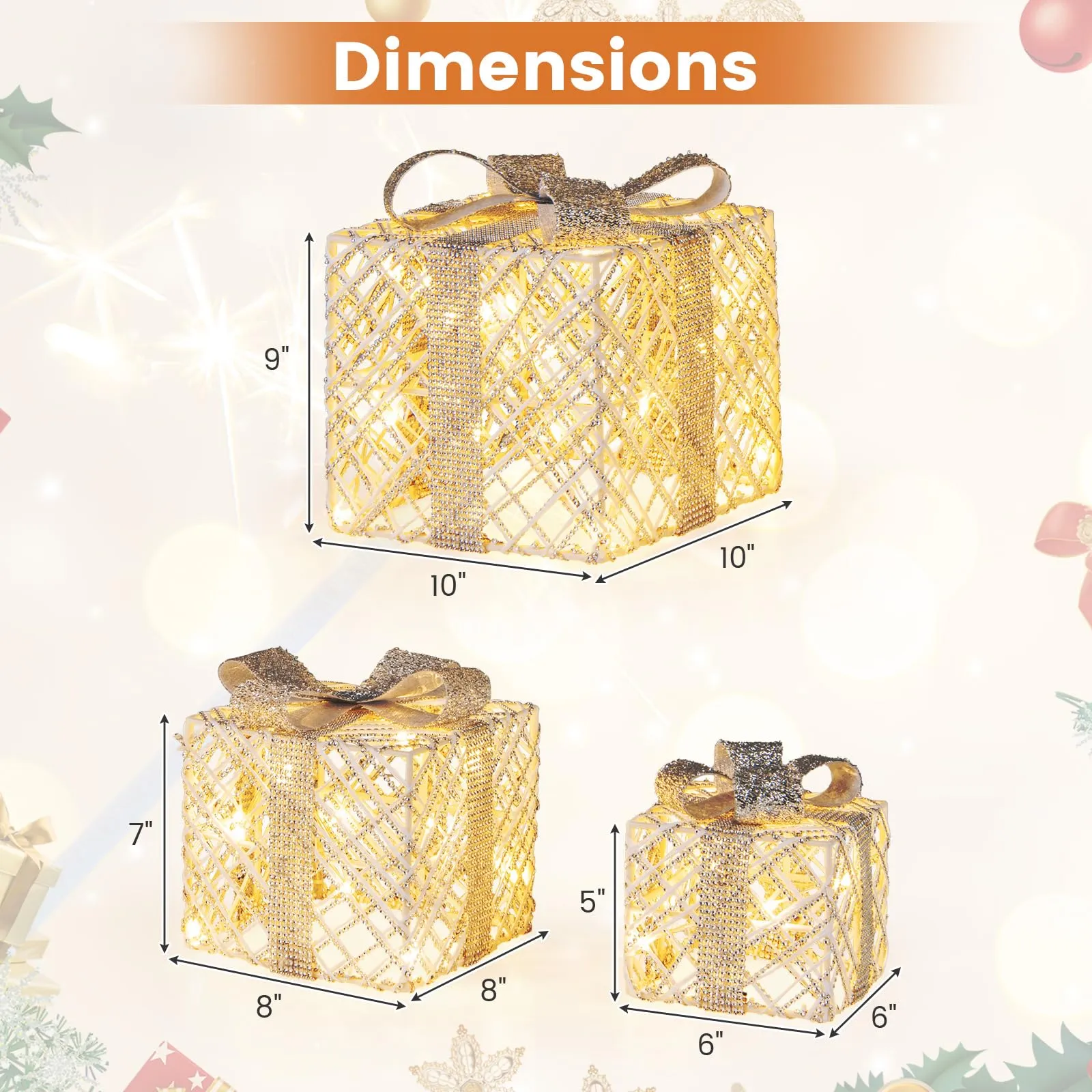 Tangkukla 3 Pack Christmas Lighted Gift Box, Pre-Lit Festive Boxes w/ 50 LED Lights