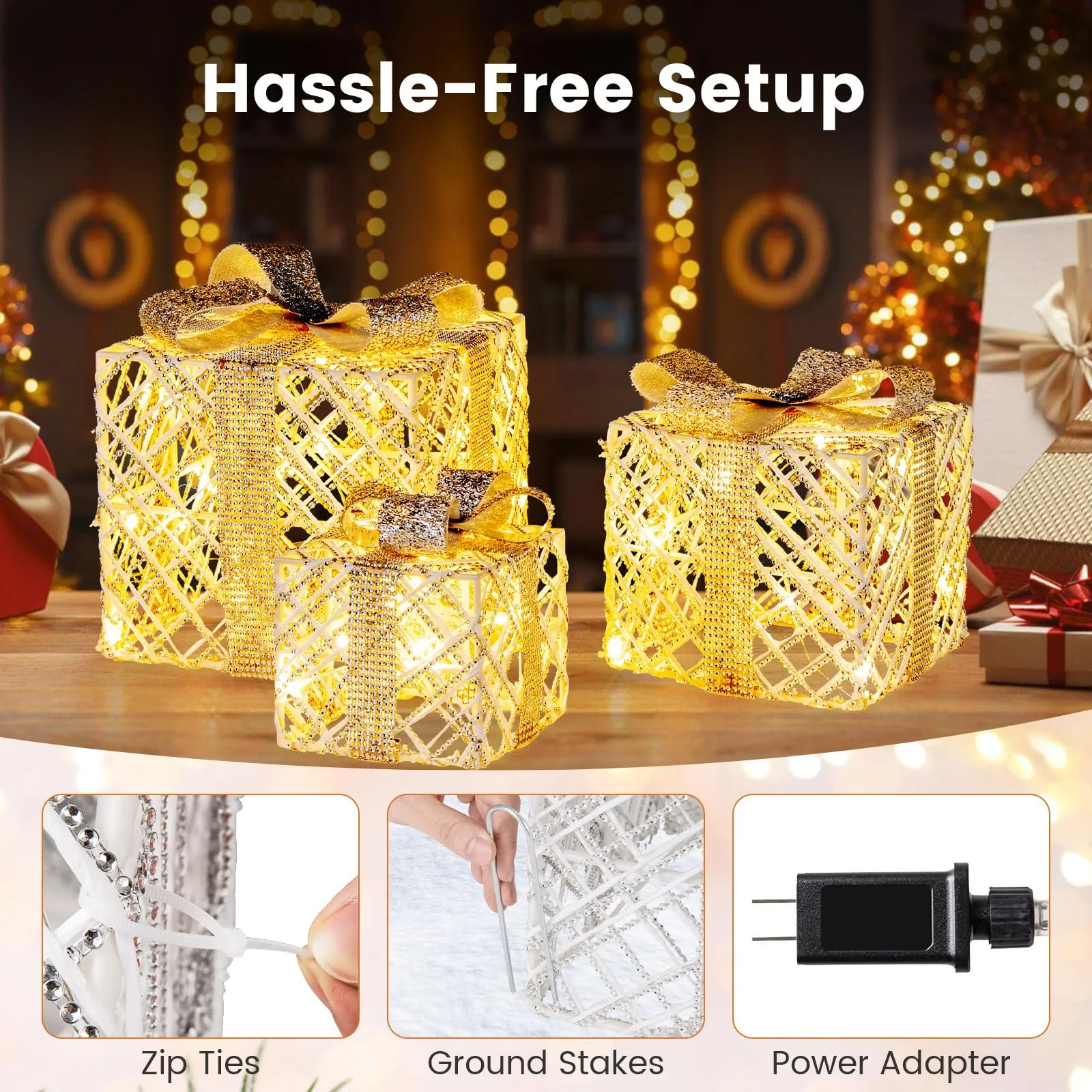 Tangkukla 3 Pack Christmas Lighted Gift Box, Pre-Lit Festive Boxes w/ 50 LED Lights