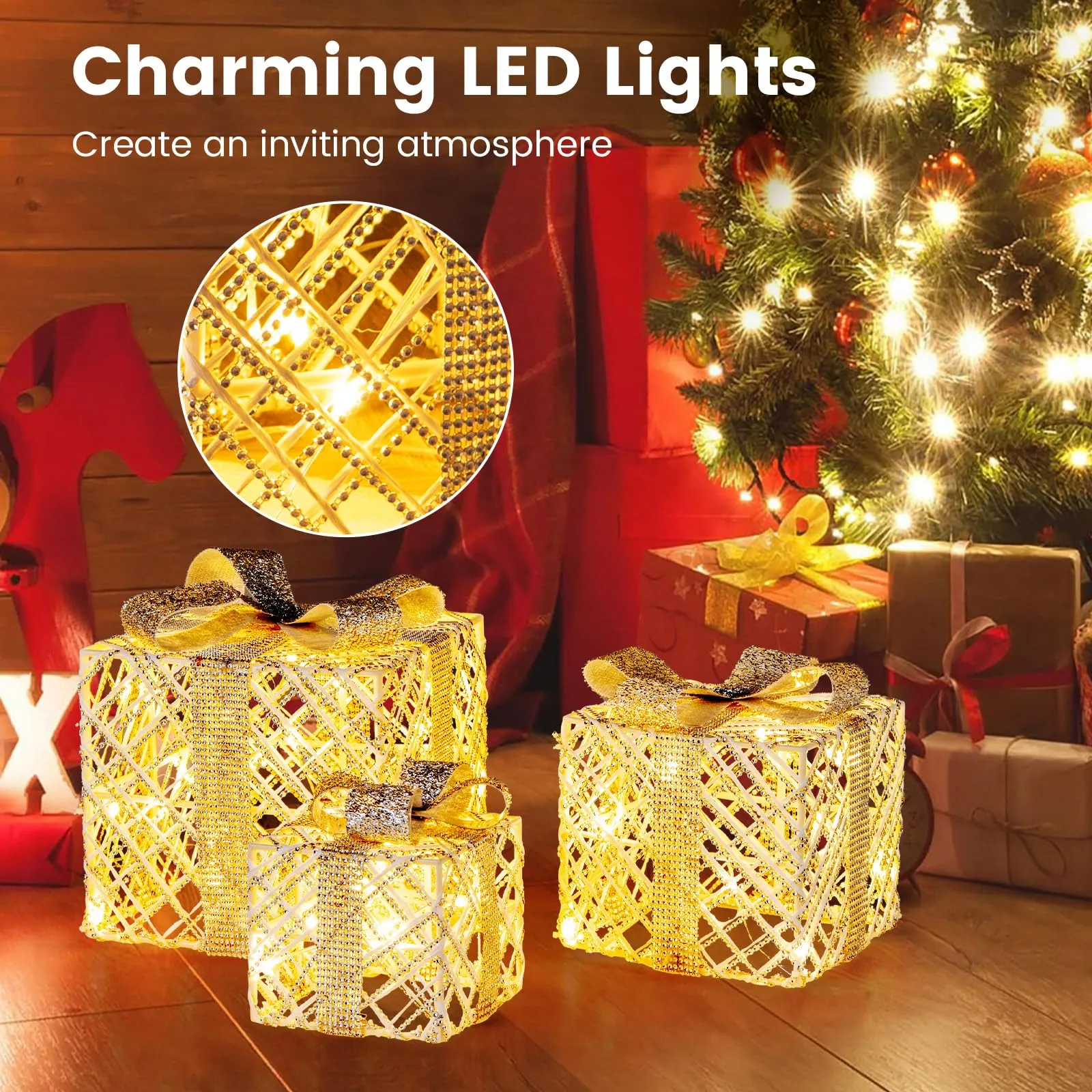 Tangkukla 3 Pack Christmas Lighted Gift Box, Pre-Lit Festive Boxes w/ 50 LED Lights